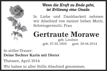 Traueranzeige von Gertraute Morawe von Super Sonntag Zeitz