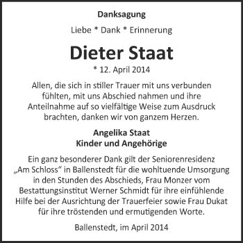 Traueranzeige von Dieter Staat von WVG - Wochenspiegel Quedlinburg