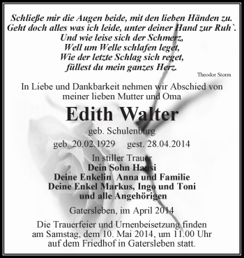 Traueranzeige von Edith Walter von Super Sonntag Aschersleben