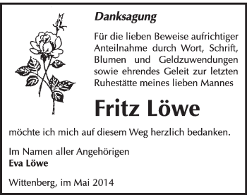 Traueranzeige von Fritz Löwe von WVG - Wochenspiegel Wittenberg