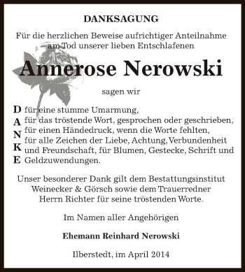 Traueranzeige von Annerose Nerowski von Super Sonntag Bernburg