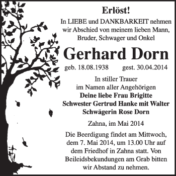 Traueranzeige von Gerhard Dorn von Super Sonntag Wittenberg