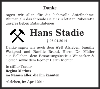 Traueranzeige von Hans Stadie von Super Sonntag Bernburg