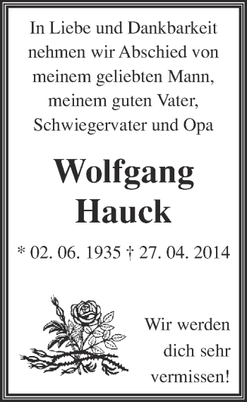 Traueranzeige von Wolfgang Hauck von WVG - Wochenspiegel NMB / WSF / ZTZ