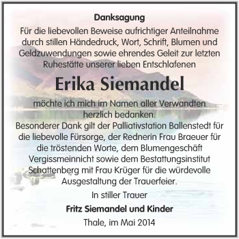 Traueranzeige von Erika Siemandel von WVG - Wochenspiegel Quedlinburg