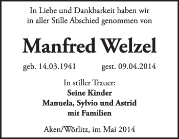 Traueranzeige von Manfred Welzel von WVG - Wochenspiegel Wittenberg