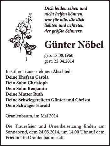 Traueranzeige von Günter Nöbel von WVG - Wochenspiegel Wittenberg