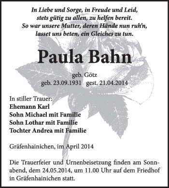 Traueranzeige von Paula Bahn von WVG - Wochenspiegel Wittenberg