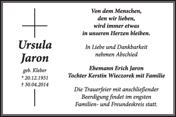 Traueranzeige von Ursula Jaron von Super Sonntag Dessau / Köthen