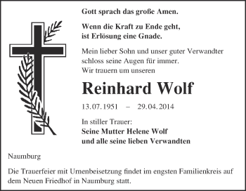 Traueranzeige von Reinhard Wolf von WVG - Wochenspiegel NMB / WSF / ZTZ