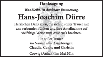 Traueranzeige von Hans-Joachim Dürre von Super Sonntag Wittenberg