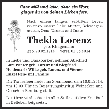 Traueranzeige von Thekla Lorenz von Super Sonntag Bernburg