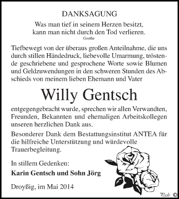 Traueranzeige von Willy Gentsch von Super Sonntag Zeitz