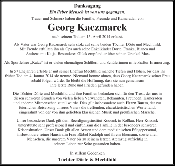 Traueranzeige von Georg Kaczmarek von WVG - Wochenspiegel Dessau / Köthen