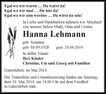 Traueranzeige von Hanna Lehmann von WVG - Wochenspiegel Aschersleben