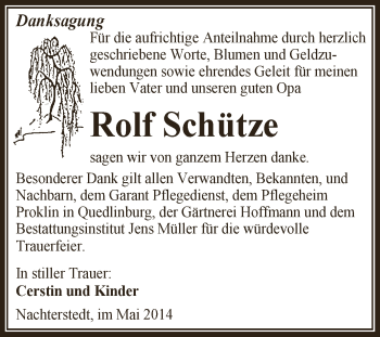 Traueranzeige von Rolf Schütze von WVG - Wochenspiegel Aschersleben