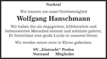 Traueranzeige von Wolfgang Hanschmann von Super Sonntag Zeitz