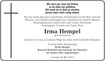 Traueranzeige von Irma Hempel von Super Sonntag Zeitz