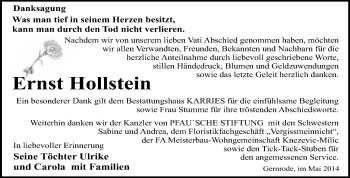Traueranzeige von Ernst Hollstein von WVG - Wochenspiegel Quedlinburg