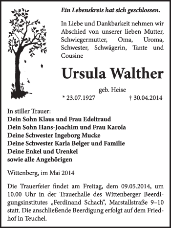 Traueranzeige von Ursula Walther von WVG - Wochenspiegel Wittenberg