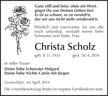 Traueranzeige von Christa Scholz von WVG - Wochenspiegel NMB / WSF / ZTZ