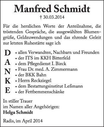Traueranzeige von Manfred Schmidt von WVG - Wochenspiegel Wittenberg