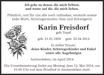 Traueranzeige von Karin Freisdorf von WVG - Wochenspiegel Aschersleben