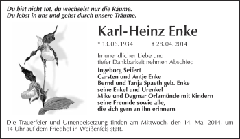 Traueranzeige von Karl-Heinz Enke von WVG - Wochenspiegel NMB / WSF / ZTZ
