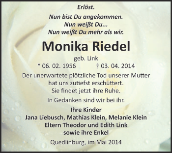 Traueranzeige von Monika Riedel von WVG - Wochenspiegel Quedlinburg