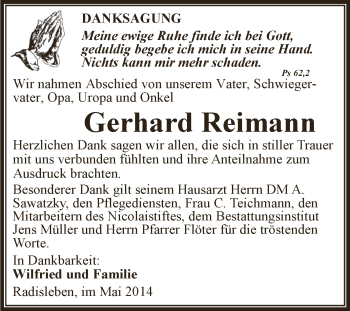 Traueranzeige von Gerhard Reimann von WVG - Wochenspiegel Aschersleben