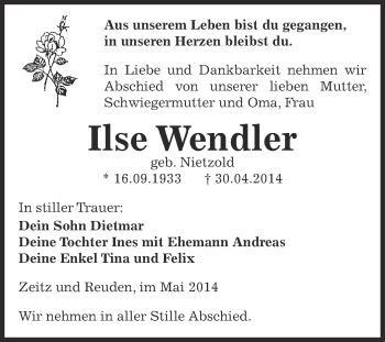 Traueranzeige von Ilse Wendler von Super Sonntag Zeitz