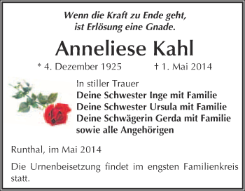 Traueranzeige von Anneliese Kahl von WVG - Wochenspiegel NMB / WSF / ZTZ