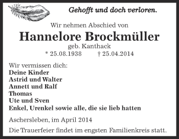 Traueranzeige von Hannelore Brockmüller von WVG - Wochenspiegel Aschersleben
