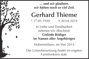 Traueranzeige von Gerhard Thieme von WVG - Wochenspiegel NMB / WSF / ZTZ