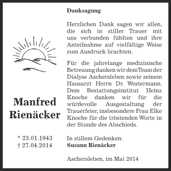 Traueranzeige von Manfred Rienäcker von WVG - Wochenspiegel Aschersleben