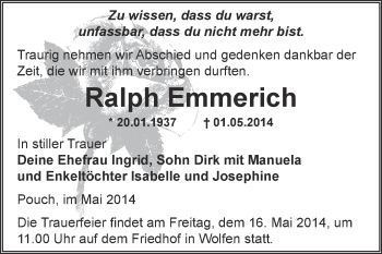Traueranzeige von Ralph Emmerich von WVG - Wochenspiegel Bitterfeld