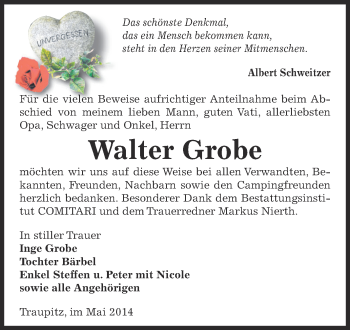 Traueranzeige von Walter Grobe von Super Sonntag Zeitz