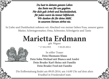 Traueranzeige von Marietta Erdmann von WVG - Wochenspiegel Bitterfeld
