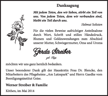 Traueranzeige von Gerda Streiber von Super Sonntag Dessau / Köthen