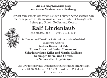 Traueranzeige von Ralf Lindenlaub von Super Sonntag Bernburg