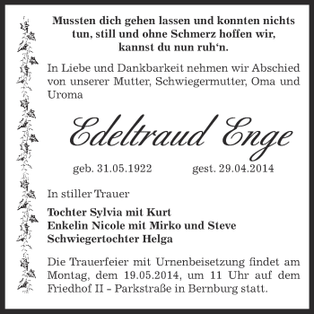 Traueranzeige von Edeltraud Enge von Super Sonntag Bernburg