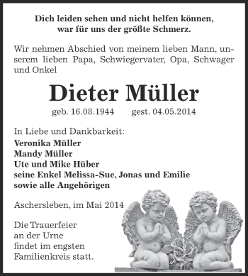 Traueranzeige von Dieter Müller von WVG - Wochenspiegel Aschersleben