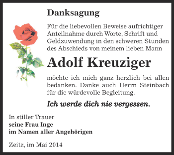 Traueranzeige von Adolf Kreuziger von Super Sonntag Zeitz