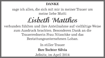Traueranzeige von Lisbeth Matthes von WVG - Wochenspiegel Bitterfeld