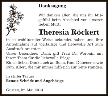 Traueranzeige von Theresia Röckert von Super Sonntag Bernburg