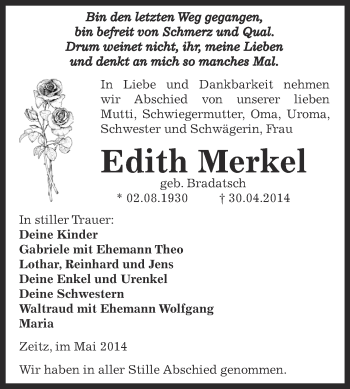 Traueranzeige von Edith Merkel von Super Sonntag Zeitz