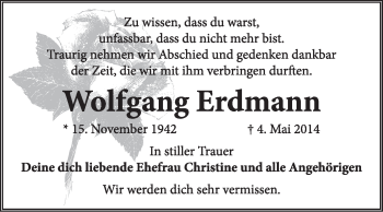 Traueranzeige von Wolfgang Erdmann von Super Sonntag Dessau / Köthen