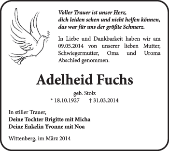 Traueranzeige von Adelheid Fuchs von Super Sonntag Wittenberg