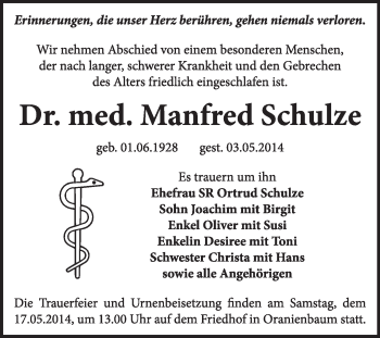 Traueranzeige von Manfred Schulze von Super Sonntag Wittenberg