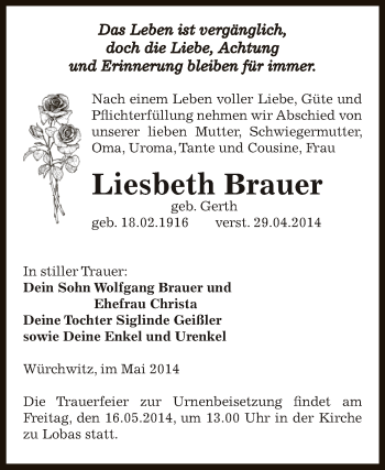 Traueranzeige von Liesbeth Brauer von Super Sonntag Zeitz
